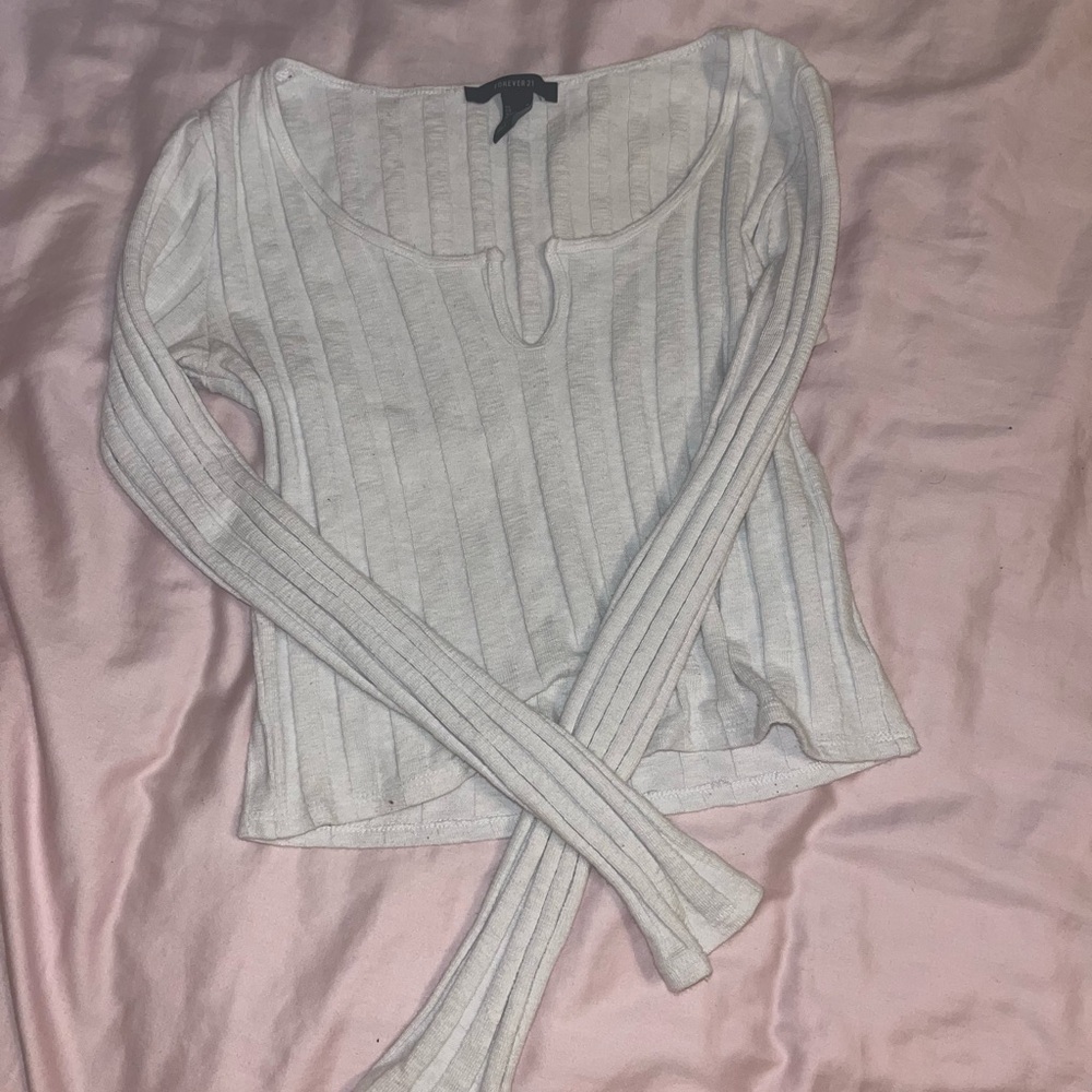 Forever 21 white ribbed notched crop top long sleeve